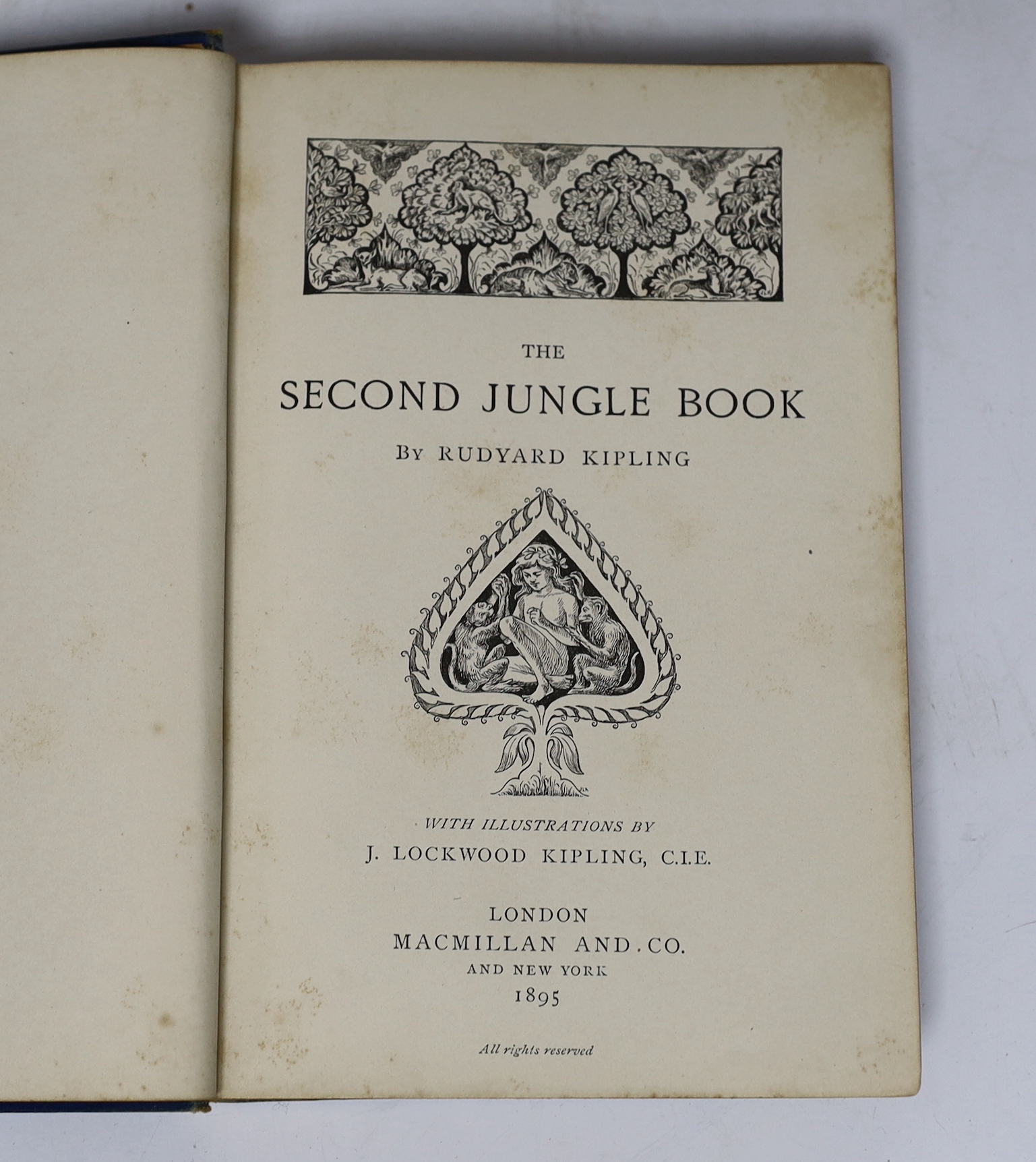 Kipling, Rudyard - The Jungle Book. First Edition. frontis., num. full page and other illus. (by John Lockwood Kipling and others), text decorations; publisher's gilt pictorial cloth and ge. 1894; Kipling, Rudyard - The